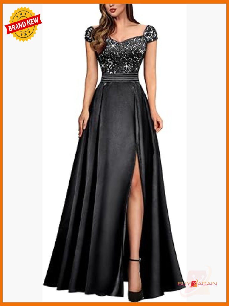 Elegant V-Neck Sequin Lace Contrast Satin Split Bridesmaid Maxi Dress